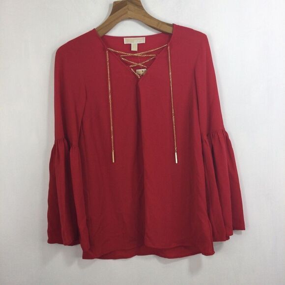 MICHAEL KORS Chain Lace Up Bell Sleeve Blouse Top True Red Size Small NWT - Picture 7 of 7